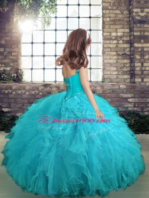 Straps Sleeveless Kids Formal Wear Floor Length Beading and Ruffles Blue Tulle