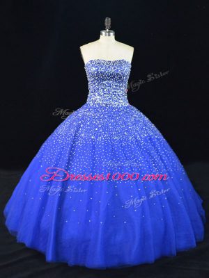 Strapless Sleeveless 15th Birthday Dress Floor Length Beading Royal Blue Tulle