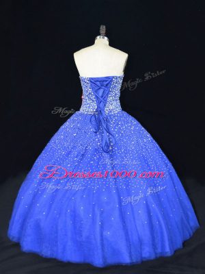 Strapless Sleeveless 15th Birthday Dress Floor Length Beading Royal Blue Tulle
