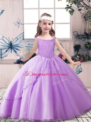 Superior Floor Length Lace Up Pageant Dress for Womens Lavender for Party and Wedding Party with Beading