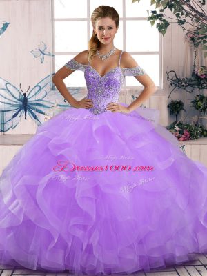 Lavender Off The Shoulder Neckline Beading and Ruffles 15 Quinceanera Dress Sleeveless Lace Up