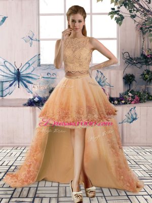 Scoop Sleeveless Junior Homecoming Dress High Low Beading and Lace Gold Tulle