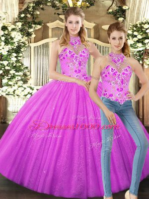 Top Selling Tulle Halter Top Sleeveless Lace Up Embroidery Sweet 16 Quinceanera Dress in Lilac