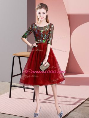 Dazzling Embroidery Bridesmaid Dress Wine Red Lace Up Half Sleeves Knee Length