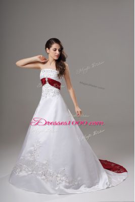 Gorgeous Satin Sleeveless Wedding Gown Brush Train and Beading and Embroidery