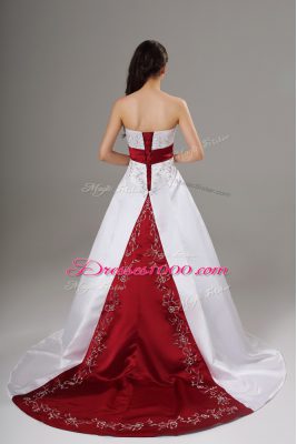 Gorgeous Satin Sleeveless Wedding Gown Brush Train and Beading and Embroidery