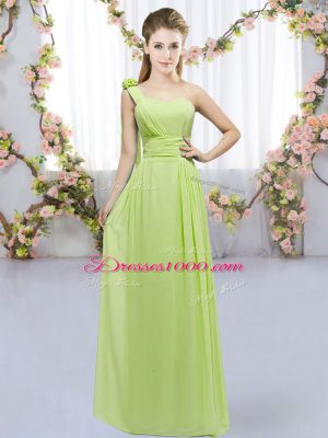 Yellow Green Empire One Shoulder Sleeveless Chiffon Floor Length Lace Up Hand Made Flower Bridesmaid Dress