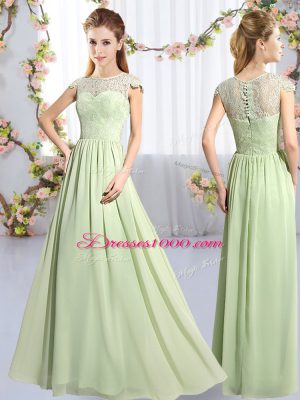 Superior Yellow Green Clasp Handle Quinceanera Dama Dress Lace Cap Sleeves Floor Length