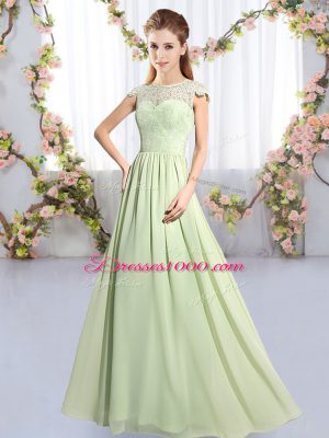 Superior Yellow Green Clasp Handle Quinceanera Dama Dress Lace Cap Sleeves Floor Length