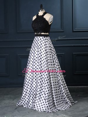 Pretty White And Black Sleeveless Lace Zipper Evening Dress