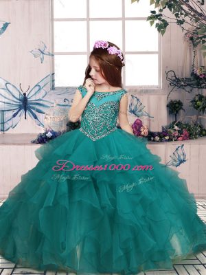 High End Beading and Ruffles Child Pageant Dress Turquoise Zipper Sleeveless Floor Length