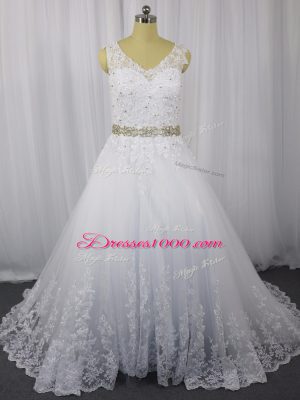 Modern A-line Sleeveless White Wedding Gown Brush Train Zipper