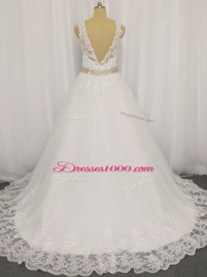 Modern A-line Sleeveless White Wedding Gown Brush Train Zipper