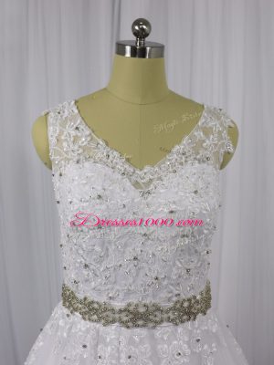 Modern A-line Sleeveless White Wedding Gown Brush Train Zipper