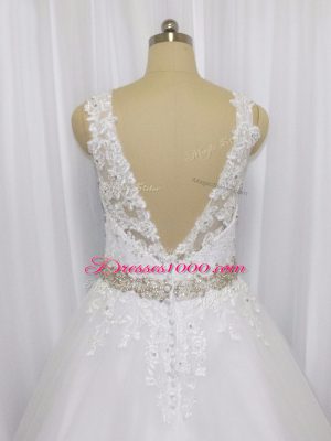 Modern A-line Sleeveless White Wedding Gown Brush Train Zipper