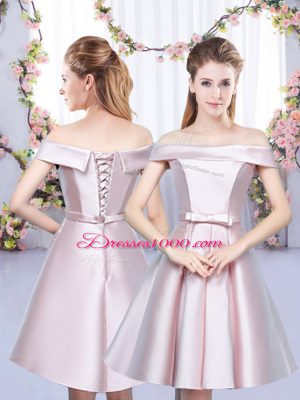 Customized Floor Length Lace Up Wedding Guest Dresses Baby Pink for Wedding Party with Bowknot