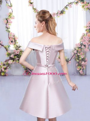 Customized Floor Length Lace Up Wedding Guest Dresses Baby Pink for Wedding Party with Bowknot