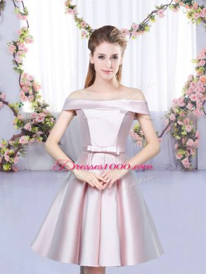 Customized Floor Length Lace Up Wedding Guest Dresses Baby Pink for Wedding Party with Bowknot