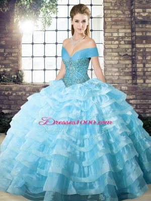 Stylish Aqua Blue Ball Gowns Organza Off The Shoulder Sleeveless Beading and Ruffled Layers Lace Up Quinceanera Dresses Brush Train
