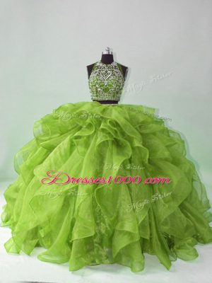 Top Selling Green Organza Backless Scoop Sleeveless Quinceanera Gowns Brush Train Beading and Ruffles