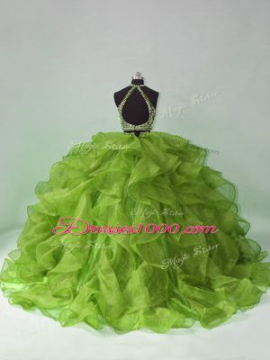 Top Selling Green Organza Backless Scoop Sleeveless Quinceanera Gowns Brush Train Beading and Ruffles