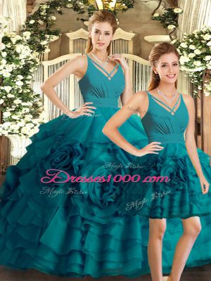 New Arrival Teal Ball Gowns Organza V-neck Sleeveless Ruffled Layers Floor Length Backless Quinceanera Dress