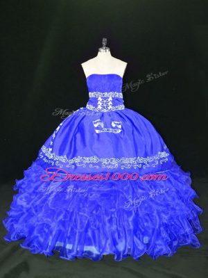 Amazing Blue Strapless Neckline Embroidery and Ruffles Quinceanera Dresses Sleeveless Lace Up