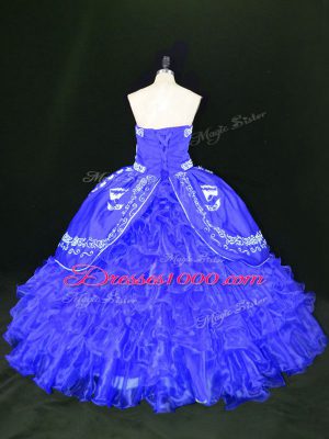 Amazing Blue Strapless Neckline Embroidery and Ruffles Quinceanera Dresses Sleeveless Lace Up