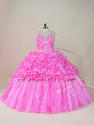 Glorious Baby Pink Ball Gowns Straps Sleeveless Organza and Taffeta Brush Train Lace Up Beading and Appliques and Pick Ups Sweet 16 Quinceanera Dress
