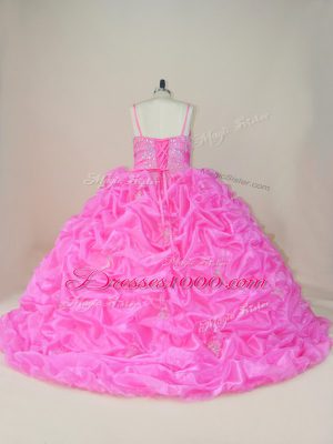 Glorious Baby Pink Ball Gowns Straps Sleeveless Organza and Taffeta Brush Train Lace Up Beading and Appliques and Pick Ups Sweet 16 Quinceanera Dress