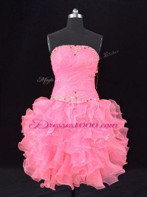 Dazzling Sleeveless Beading and Ruching Lace Up Dress Like A Star with Rose Pink