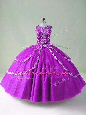 Tulle Scoop Sleeveless Zipper Beading and Appliques Quince Ball Gowns in Purple