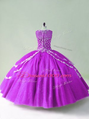 Tulle Scoop Sleeveless Zipper Beading and Appliques Quince Ball Gowns in Purple