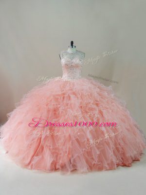 Flirting Sleeveless Tulle Floor Length Lace Up Quinceanera Gown in Peach with Beading and Ruffles