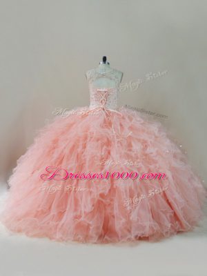 Flirting Sleeveless Tulle Floor Length Lace Up Quinceanera Gown in Peach with Beading and Ruffles