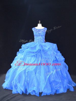 Blue Sleeveless Organza Brush Train Lace Up Quinceanera Dresses for Sweet 16 and Quinceanera