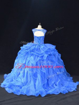 Blue Sleeveless Organza Brush Train Lace Up Quinceanera Dresses for Sweet 16 and Quinceanera