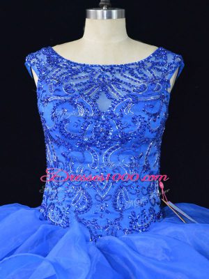 Blue Sleeveless Organza Brush Train Lace Up Quinceanera Dresses for Sweet 16 and Quinceanera