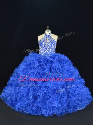 Halter Top Sleeveless Ball Gown Prom Dress Floor Length Beading and Ruffles Royal Blue Organza