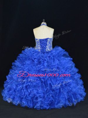 Halter Top Sleeveless Ball Gown Prom Dress Floor Length Beading and Ruffles Royal Blue Organza