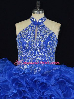 Halter Top Sleeveless Ball Gown Prom Dress Floor Length Beading and Ruffles Royal Blue Organza