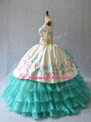 Edgy Aqua Blue Ball Gowns Embroidery and Ruffled Layers 15th Birthday Dress Lace Up Satin and Organza Sleeveless Floor Length