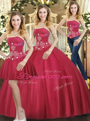 Red Ball Gowns Beading Quince Ball Gowns Lace Up Tulle Sleeveless Floor Length
