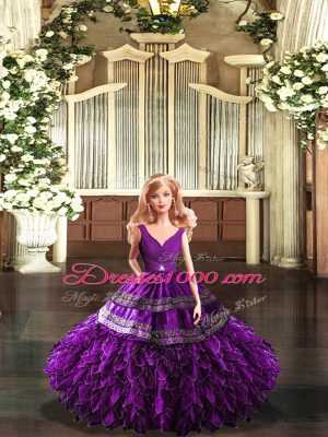 Beading and Embroidery and Ruffles Quinceanera Dresses Purple Backless Sleeveless Floor Length