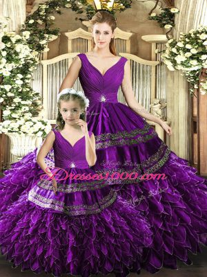 Beading and Embroidery and Ruffles Quinceanera Dresses Purple Backless Sleeveless Floor Length