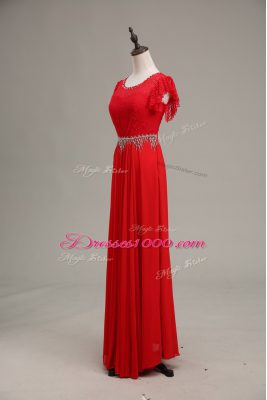 Stylish Beading and Lace Going Out Dresses Red Zipper Sleeveless Floor Length