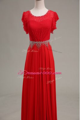 Stylish Beading and Lace Going Out Dresses Red Zipper Sleeveless Floor Length