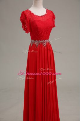 Stylish Beading and Lace Going Out Dresses Red Zipper Sleeveless Floor Length