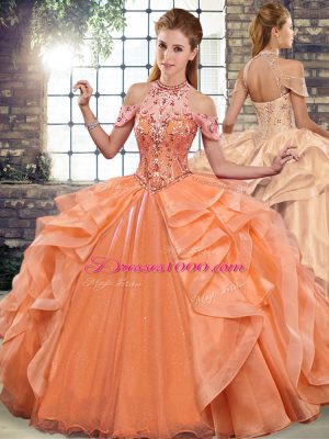 Organza Halter Top Sleeveless Lace Up Beading and Ruffles Quinceanera Dresses in Orange