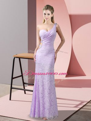 Lavender Lace Criss Cross One Shoulder Sleeveless Floor Length Pageant Dress Womens Beading and Lace